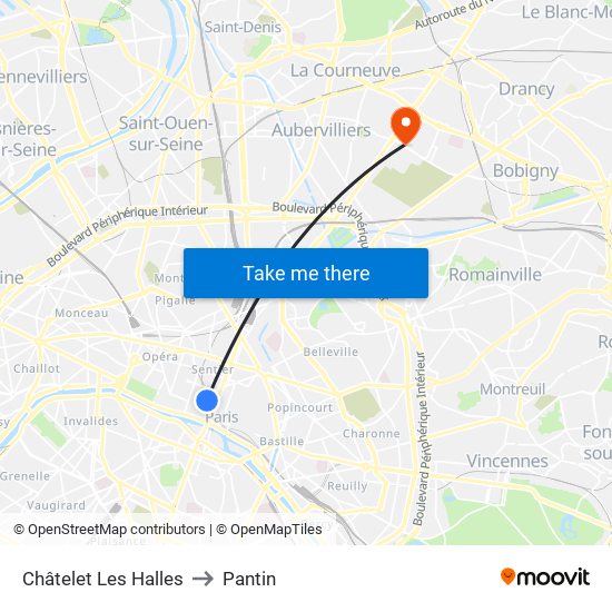 Châtelet Les Halles to Pantin map