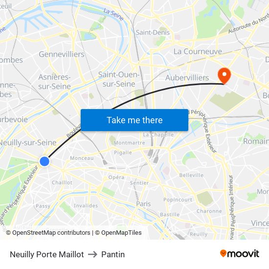 Neuilly Porte Maillot to Pantin map