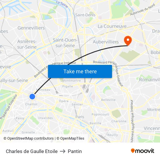 Charles de Gaulle Etoile to Pantin map