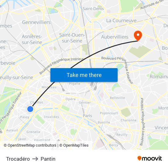 Trocadéro to Pantin map