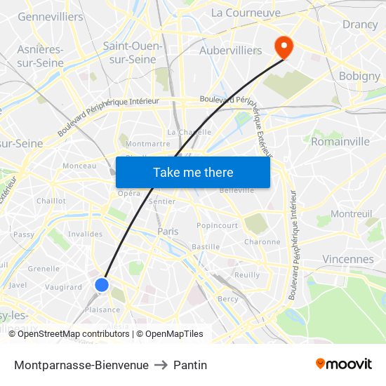 Montparnasse-Bienvenue to Pantin map