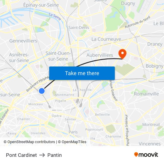 Pont Cardinet to Pantin map
