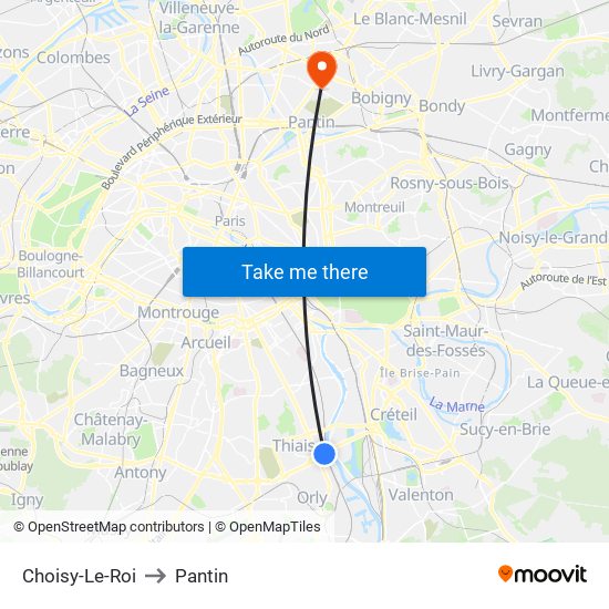 Choisy-Le-Roi to Pantin map