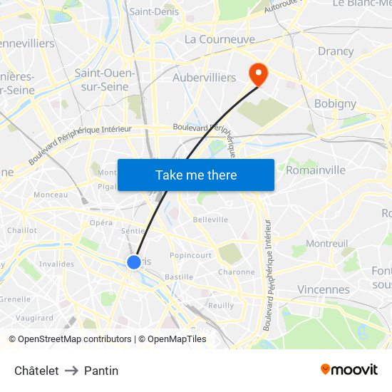 Châtelet to Pantin map