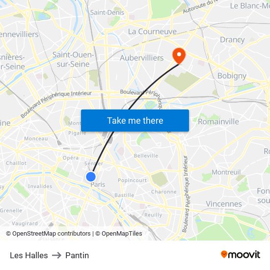 Les Halles to Pantin map
