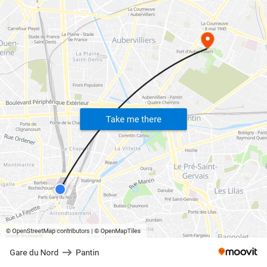 Gare du Nord to Pantin map