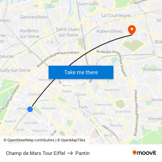 Champ de Mars Tour Eiffel to Pantin map