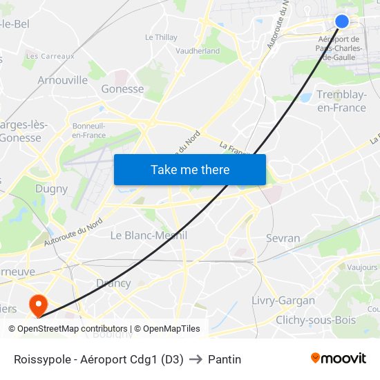 Roissypole - Aéroport Cdg1 (D3) to Pantin map