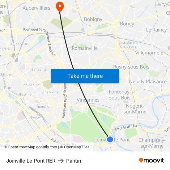 Joinville-Le-Pont RER to Pantin map
