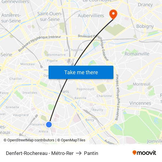 Denfert-Rochereau - Métro-Rer to Pantin map