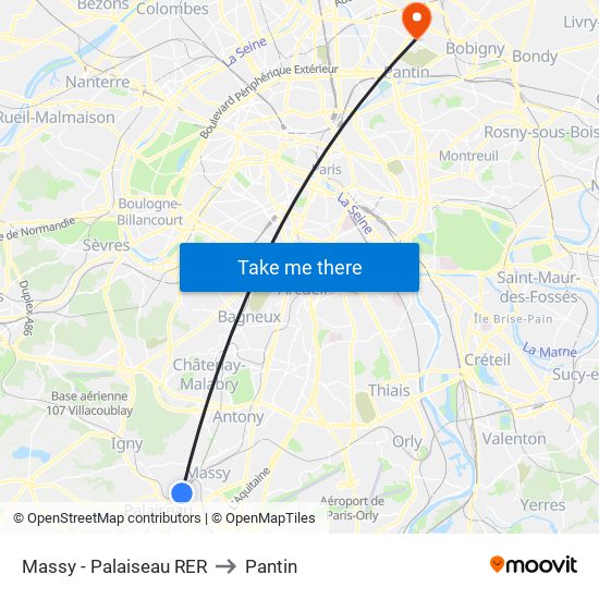 Massy - Palaiseau RER to Pantin map