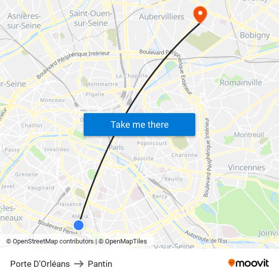 Porte D'Orléans to Pantin map