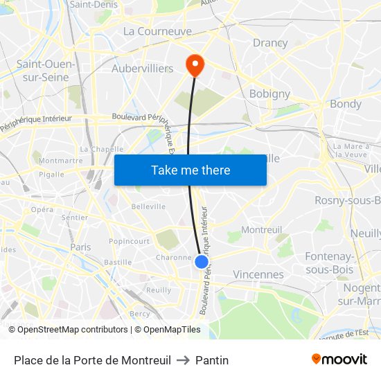 Place de la Porte de Montreuil to Pantin map
