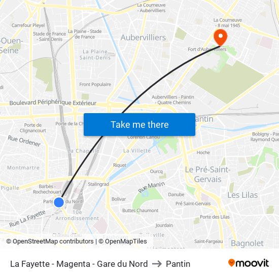 La Fayette - Magenta - Gare du Nord to Pantin map