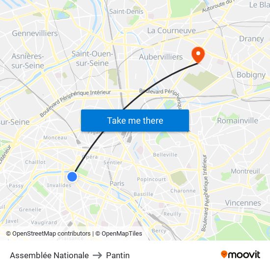 Assemblée Nationale to Pantin map