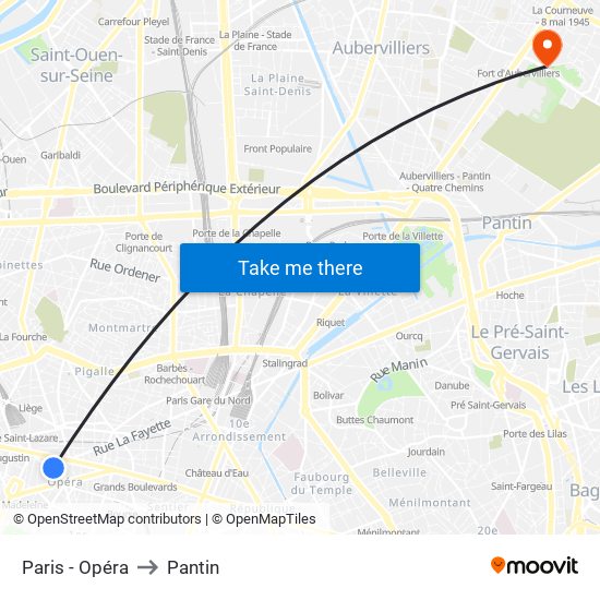 Paris - Opéra to Pantin map