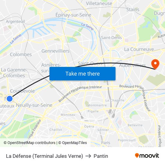La Défense (Terminal Jules Verne) to Pantin map