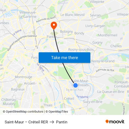 Saint-Maur – Créteil RER to Pantin map