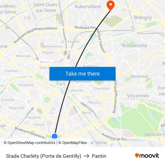 Stade Charléty (Porte de Gentilly) to Pantin map