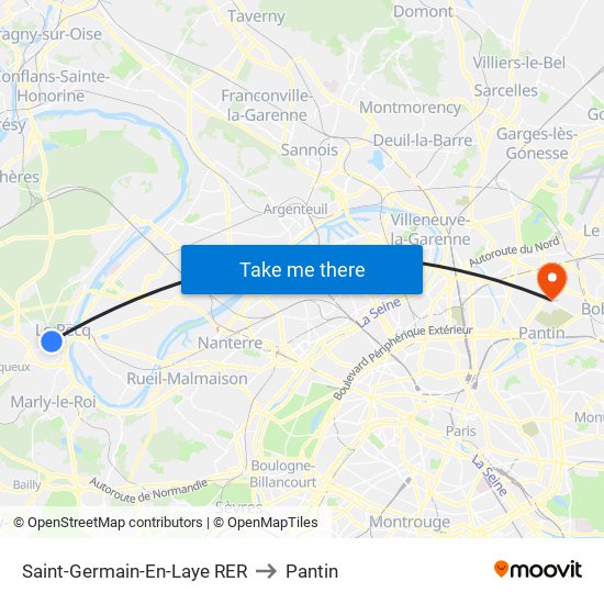 Saint-Germain-En-Laye RER to Pantin map