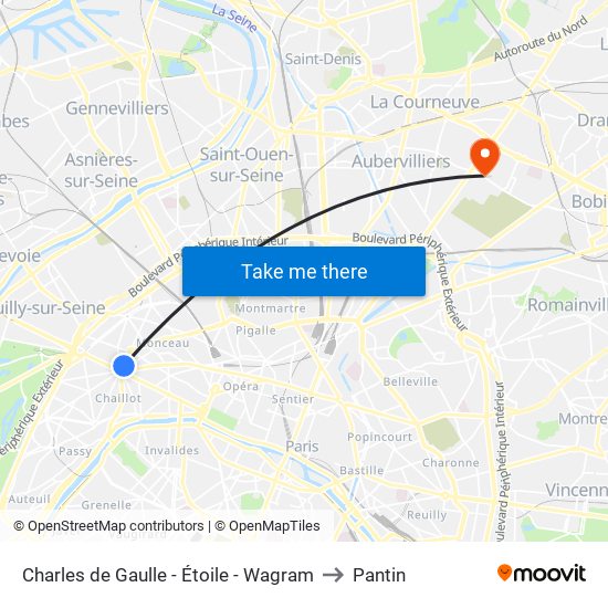 Charles de Gaulle - Étoile - Wagram to Pantin map