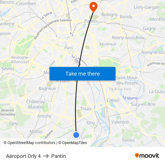Aéroport Orly 4 to Pantin map