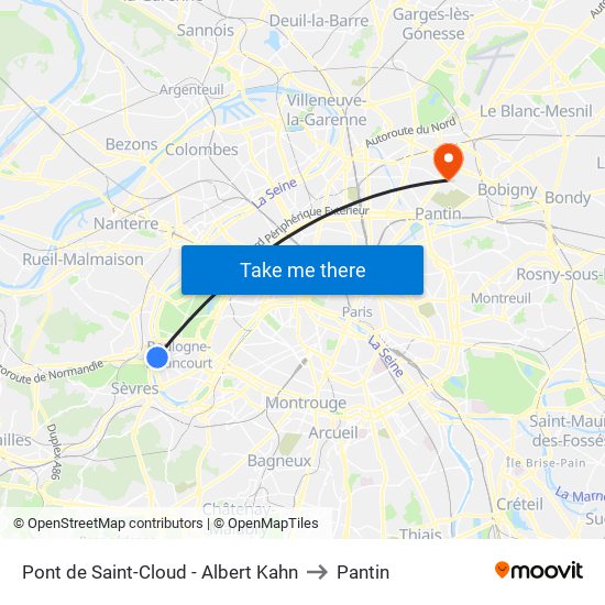 Pont de Saint-Cloud - Albert Kahn to Pantin map