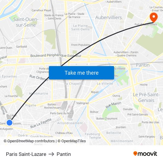 Paris Saint-Lazare to Pantin map