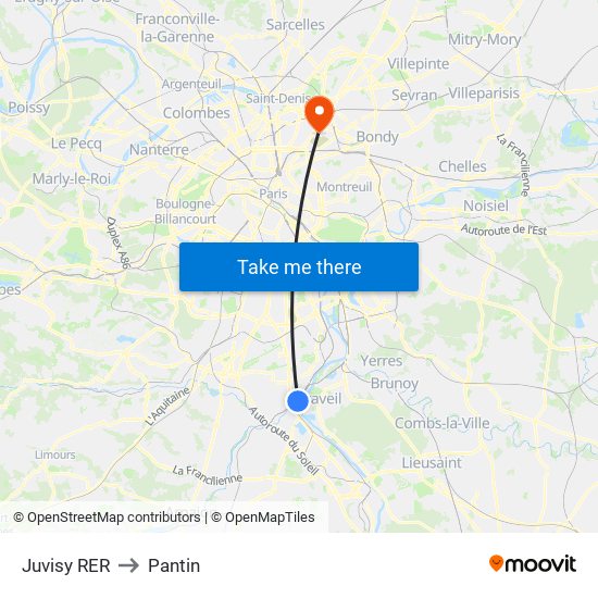 Juvisy RER to Pantin map