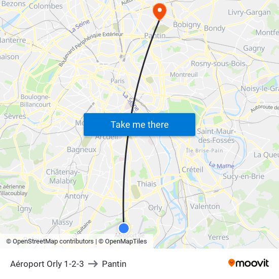 Aéroport Orly 1-2-3 to Pantin map