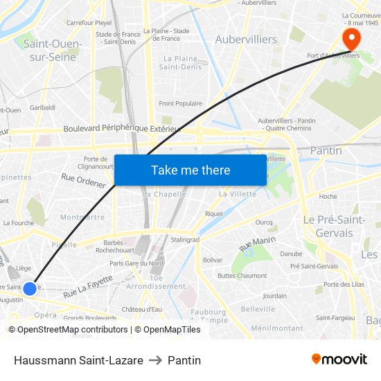 Haussmann Saint-Lazare to Pantin map