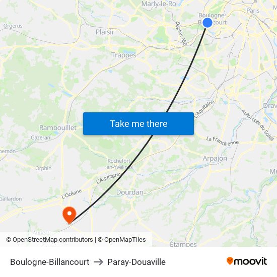 Boulogne-Billancourt to Paray-Douaville map