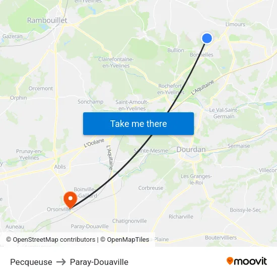 Pecqueuse to Paray-Douaville map
