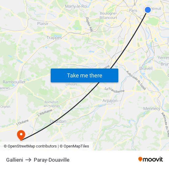 Gallieni to Paray-Douaville map