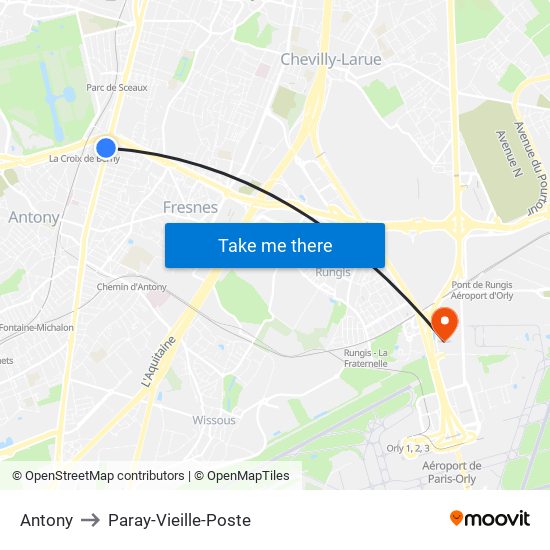 Antony to Paray-Vieille-Poste map
