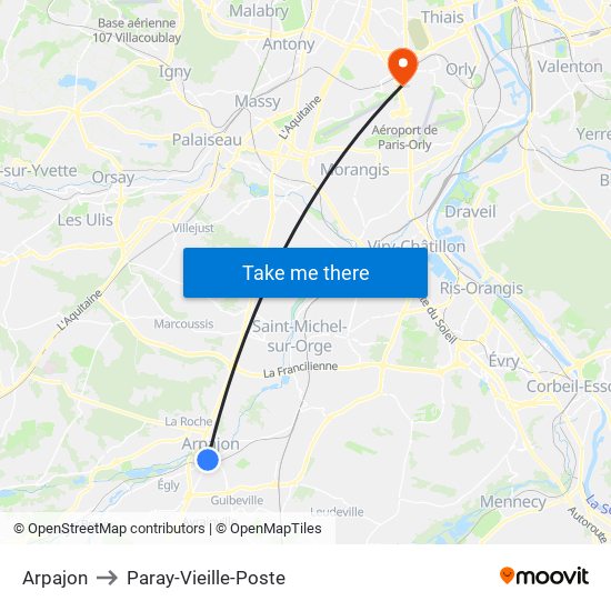 Arpajon to Paray-Vieille-Poste map