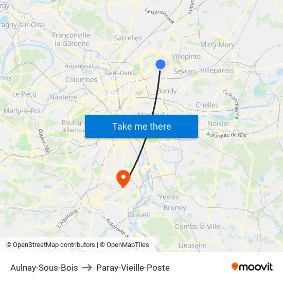 Aulnay-Sous-Bois to Paray-Vieille-Poste map