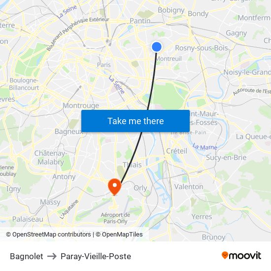 Bagnolet to Paray-Vieille-Poste map