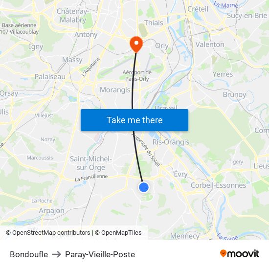 Bondoufle to Paray-Vieille-Poste map