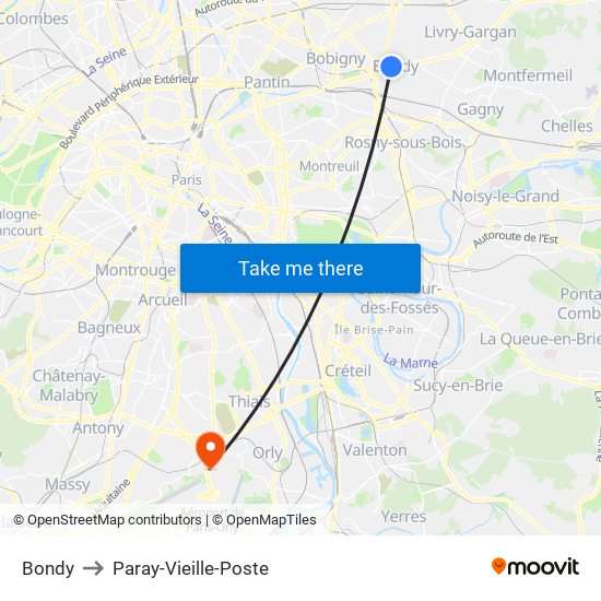 Bondy to Paray-Vieille-Poste map