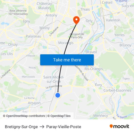 Bretigny-Sur-Orge to Paray-Vieille-Poste map