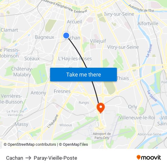 Cachan to Paray-Vieille-Poste map