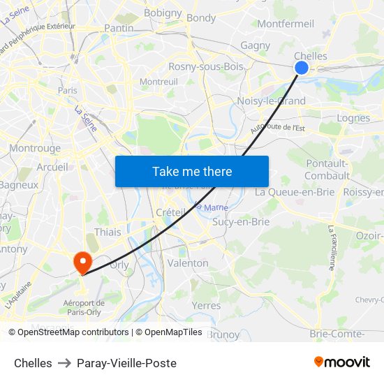 Chelles to Paray-Vieille-Poste map