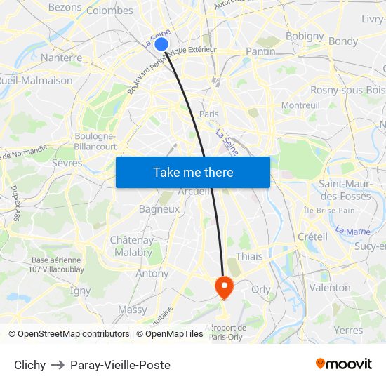 Clichy to Paray-Vieille-Poste map
