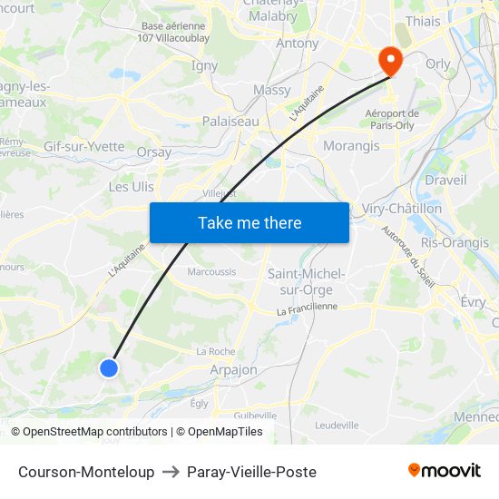 Courson-Monteloup to Paray-Vieille-Poste map