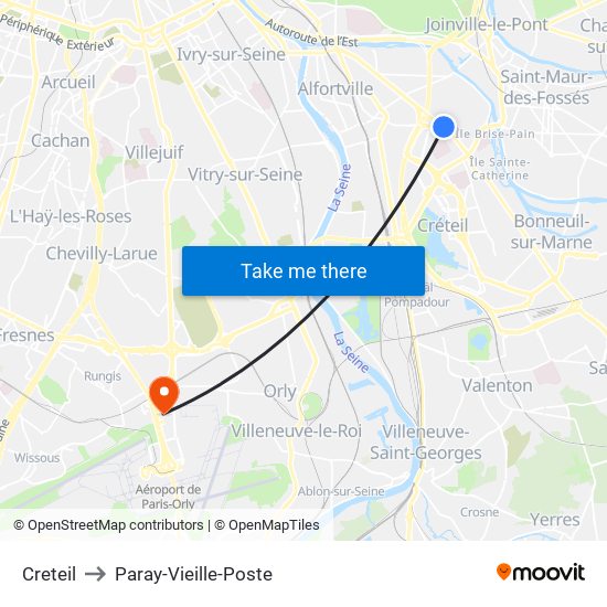 Creteil to Paray-Vieille-Poste map