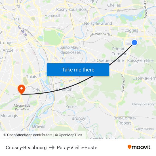 Croissy-Beaubourg to Paray-Vieille-Poste map