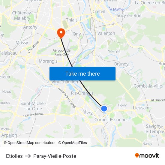 Etiolles to Paray-Vieille-Poste map