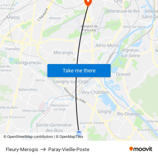 Fleury-Merogis to Paray-Vieille-Poste map