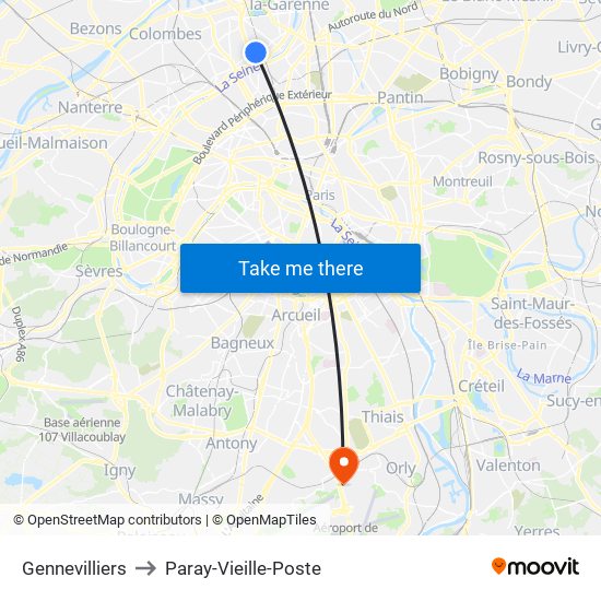 Gennevilliers to Paray-Vieille-Poste map